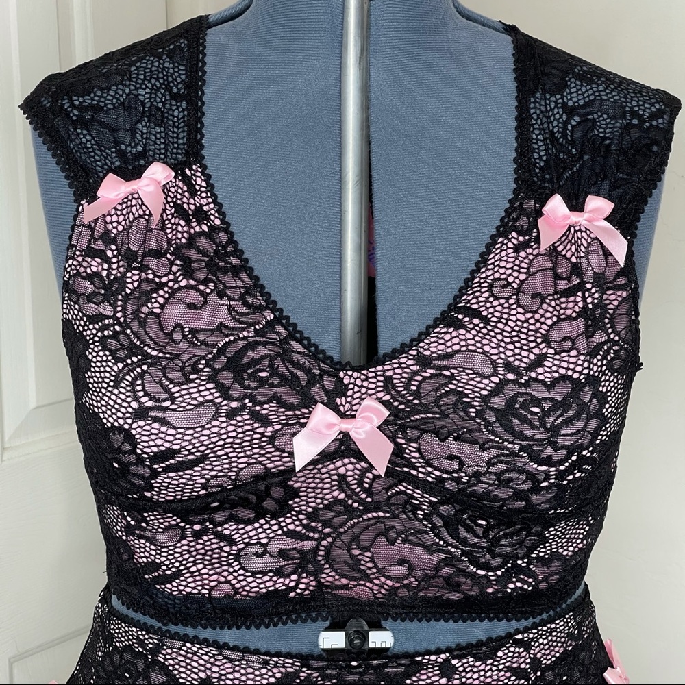 DollsKill Black/Pink Lace Satin Bow Crop Top NWT
